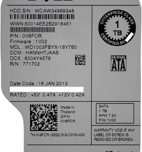 محرك الأقراص الصلبة Dell V8FCR سعة 1 تيرابايت و7.2 كيلو و3.5 ساتا (متجدد) in Kuwait