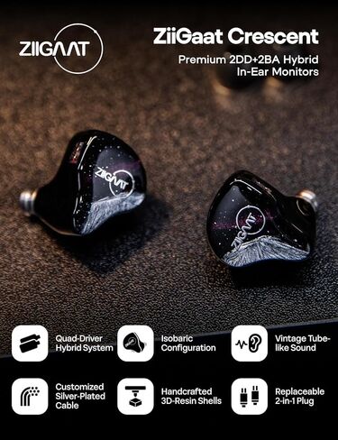 Linsoul ZiiGaat Crescent in Ear Monitor, Premium 2DD+2BA Hybrid IEM Earphone, Isobaric Bass, Vintage Analog Sound, 3D-Printed Resin Shell, with Detachable IEM Cable for Musicians/Studio in Saudi Arabia