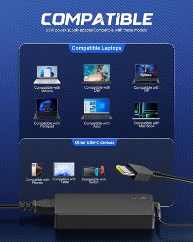 65W USB C Laptop Charger Compatible with Lenovo Laptop Charger ThinkPad T14 T15 E14 E15 X1 X13 E480 T480s T490 Yoga 7i 9i Thinkbook 65W 45W Computer Charger USB Type C AC Power Adapter in Saudi Arabia
