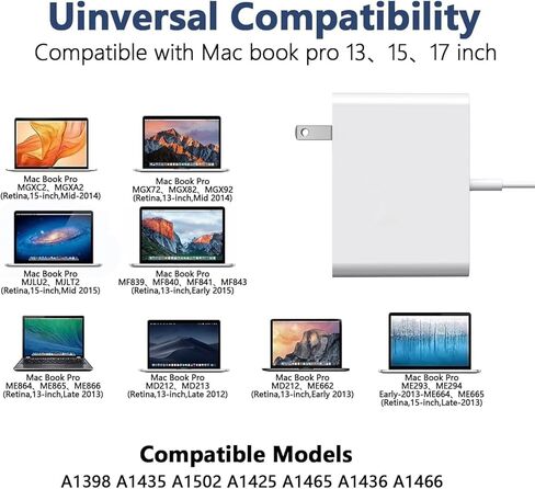 شاحن MacBook Pro، محول طاقة مغناطيسي 85 وات على شكل حرف T، شاحن بديل متوافق مع MacBook Pro 15/13 بوصة (2012-2015) (A1398 A1425 A1502)، MacBook Air 11/13 بوصة (2012-2017) (A1465 A1466) in Kuwait