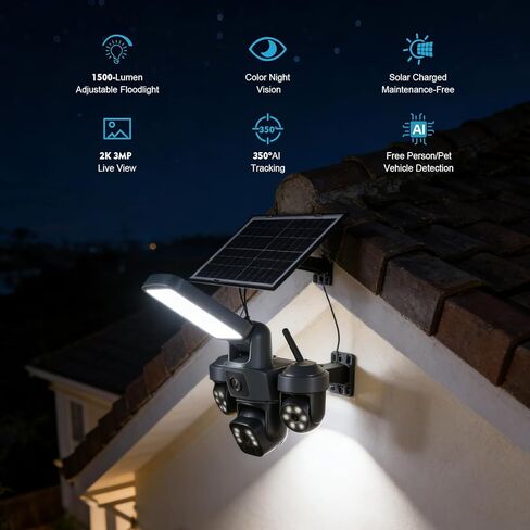 كاميرا Lightdot Solar Floodlight الأمنية الخارجية اللاسلكية مع لوحة شمسية، عموم/إمالة، تتبع AI بزاوية 360 درجة، اكتشاف مجاني للشخص/المركبة، SD/Cloud، مثالية للمزرعة والمزرعة وموقع البناء in Saudi Arabia
