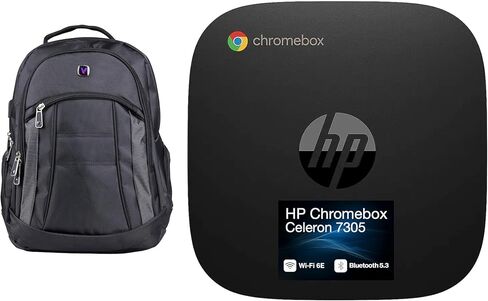 سطح المكتب HP Chromebox Everyday Value (Intel Celeron 7305، 64GB DDR4، 64GB eMMC SSD، Intel UHD، 65W PSU، WiFi 6E، Bluetooth 5.3، RJ-45، 2 HDMI، نظام تشغيل Chrome) مع حقيبة ظهر مميزة in Kuwait
