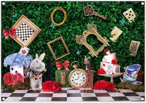 7x5ft Fabricland Bonderland Enchanted Tea Party Party Backdrop Backdrop Kids Fairy Tale Green Grass Grass Background Bracketboard Rabbit Photo Tapestry Props in Kuwait