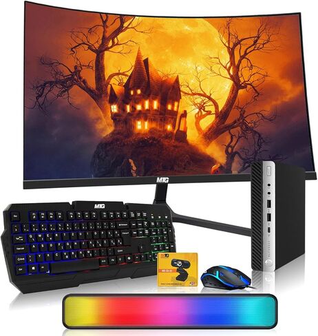 كمبيوتر سطح المكتب Dell Optiplex Tiny Mini، Core i5، ذاكرة الوصول العشوائي 32 جيجابايت، 1 تيرابايت SSD مع شاشة منحنية مزدوجة 27 بوصة، ماوس لوحة مفاتيح RGB مدعم بالذكاء الاصطناعي، شريط صوت RGB وكاميرا ويب Windows 11 (متجدد) in Kuwait