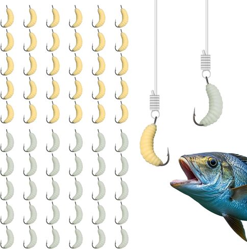 60pcs Rubber Maggot Fishing Lures with Hooks – 30pcs Regular + 30pcs Luminous Glow Worms, 22mm Artificial Baits for Trout, Sunfish, Bluegill, Carp & Freshwater Fishing, Soft Bait Bulk Set in Kuwait