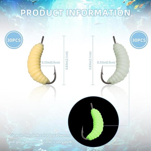 60pcs Rubber Maggot Fishing Lures with Hooks – 30pcs Regular + 30pcs Luminous Glow Worms, 22mm Artificial Baits for Trout, Sunfish, Bluegill, Carp & Freshwater Fishing, Soft Bait Bulk Set in Kuwait