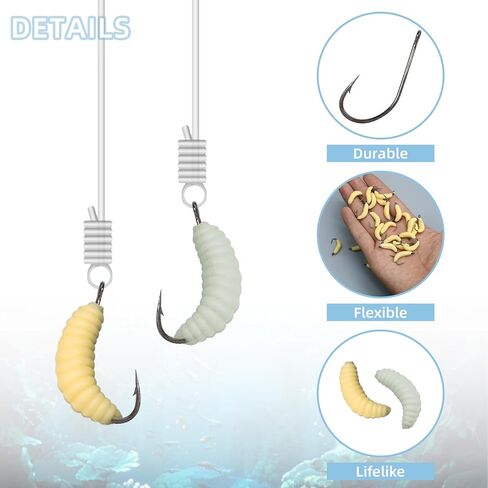 60pcs Rubber Maggot Fishing Lures with Hooks – 30pcs Regular + 30pcs Luminous Glow Worms, 22mm Artificial Baits for Trout, Sunfish, Bluegill, Carp & Freshwater Fishing, Soft Bait Bulk Set in Kuwait