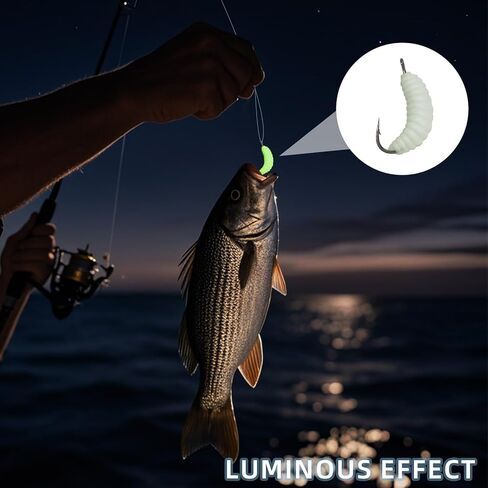 60pcs Rubber Maggot Fishing Lures with Hooks – 30pcs Regular + 30pcs Luminous Glow Worms, 22mm Artificial Baits for Trout, Sunfish, Bluegill, Carp & Freshwater Fishing, Soft Bait Bulk Set in Kuwait
