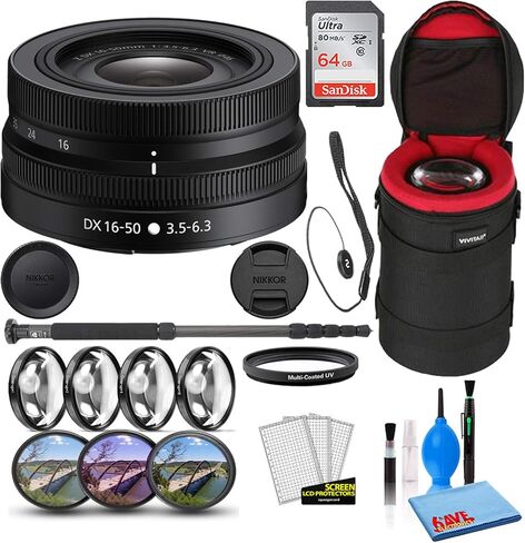 عدسة Nikon NIKKOR Z DX مقاس 16-50 مم f/3.5-6.3 VR (20084) مع بطاقة ذاكرة Ultra SDHC سعة 64 جيجابايت + حقيبة عدسة مبطنة + Pro Monopod مقاس 70 بوصة + مجموعة مرشح مكونة من 8 قطع (ماكرو، UV، CPL، FLD) (متجددة) in Kuwait