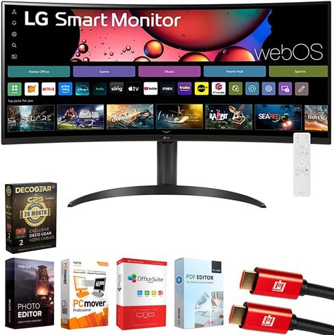 LG 34SR65QC-B 34 Inch Smart Monitor WQHD 1440P Curved Screen with Adjustable Stand Bundle with Elite Suite 18, 2X HDMI Cable and Deco Gear CPS Exclusive 26 Month Protection Pack (BEACH-CPS-26M500) in Saudi Arabia