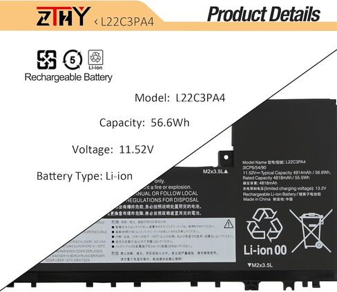 استبدال بطارية الكمبيوتر المحمول ZTHY L22C3PA4 L22M3PA4 لجهاز Lenovo IdeaPad Slim 5-14ABR8 5-16ABR8 5-14IAH8 5-16IAH8 5-14IRL8 5-16IRL8 Series L22B3PA4 5B11N45401 L22L3PA4 SB11N45426 5B11N45412 11.52 فولت 56.6 وات في الساعة in Kuwait