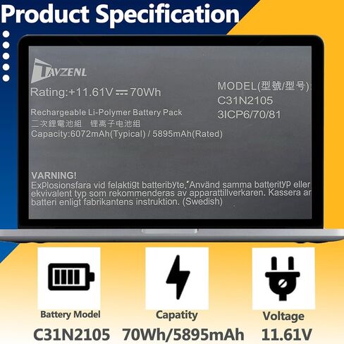 C31N2105 70Wh Battery Replacement for Asus Zenbook 14 OLED UX3404VA Vivobook 14X M1403QA M3402RA M5402RA S5402ZA 15X OLED X1503ZA K6500ZE M3502QA 16X M1603QA K6602HC K6602HE 11.61V 5895 in Saudi Arabia
