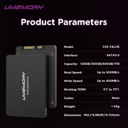 CS3 Value 2.5 بوصة SATA III SSD داخلي، حتى 500 ميجابايت/ثانية، محرك أقراص NAND Flash ثلاثي الأبعاد عالي الأداء ذو ​​الحالة الصلبة لأجهزة الكمبيوتر المحمول والكمبيوتر المكتبي (250 جيجابايت) in Kuwait