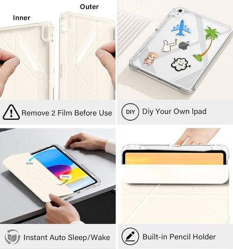 JKSML Case for iPad (A16) 11th/10th Gen with 8+ Viewing Angles, DIY Detachable Sliding Cover, Fully Clear Hard Back Shell, Solid Y-fold Stand, Pencil Holder for iPad 10.9" (2022)/ 11" (2025)-Cream in Saudi Arabia