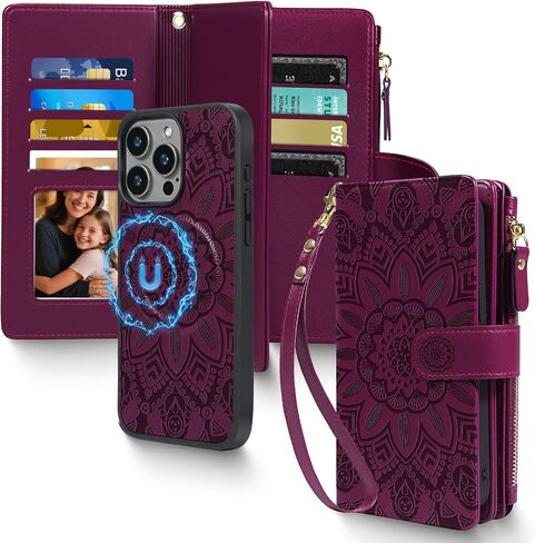 2 in 1 for iPhone 12 Pro Max Wallet Case Magnetic Compatible with Magsafe RFID Blocking Card Holder Detachable Phone Cover Zipper Purse Kickstand Wrist Strap for Men Women 6.7" 2020 Floral Burgundy in Saudi Arabia