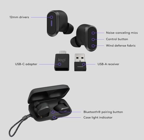 سماعات أذن Logitech Zone True Wireless Bluetooth بخاصية إلغاء الضوضاء مع ميكروفون، وتقنية ANC الهجينة، ووضع الشفافية، ومعتمدة لـ Microsoft Teams، وZoom، وGoogle Meet، وGoogle Voice - جرافيت (متجدد) in Saudi Arabia