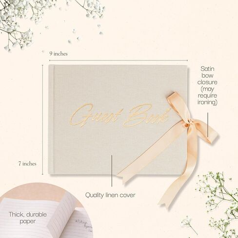 Elegant Wedding Guest Book-Wedding Memory Book w/Keepsake Pocket+Bow Closure, 9x7in Linen Cover, 120 Lined Pages - Guest Book Wedding Reception, Bridal/Baby Shower, Funeral and Other Holiday Events in Saudi Arabia