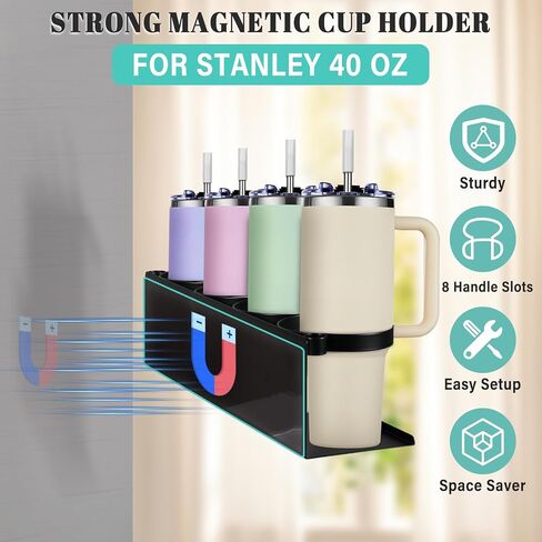 Magnetic Cup Holder for Fridge,8 Cups Water Bottle Organizer for Stanley 30 40 oz with Tumbler Lid Organizer,High Capacity Heavy Duty Kitchen Storage Rack Accessories in Saudi Arabia