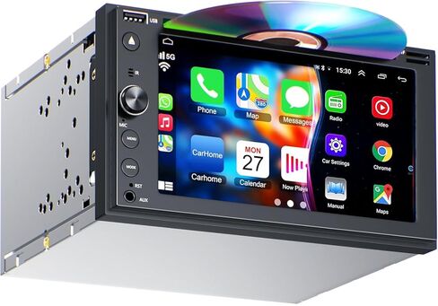 Double Din Car Stereo with CD/DVD Player, 7-inch Touch Screen Car Stereo with Apple CarPlay&Android Auto, Bluetooth5.2, Backup Camera, Mirror Link, Subwoofer, SWC, Subwoofer, AM/FM Car Radio Receiver in Saudi Arabia