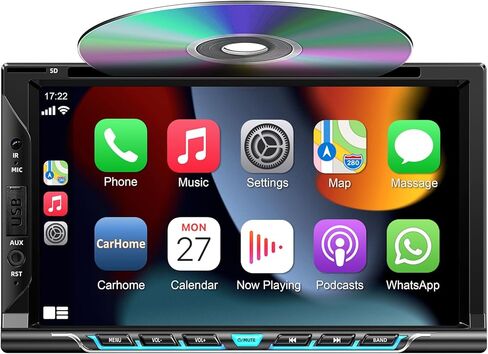 ستيريو سيارة مزدوج الدين مع مشغل CD/DVD، ستيريو سيارة بشاشة تعمل باللمس 7 بوصة مع Apple CarPlay وAndroid Auto، Bluetooth5.2، كاميرا احتياطية، وصلة مرآة، مضخم صوت، SWC، مضخم صوت، مستقبل راديو السيارة AM/FM in Kuwait