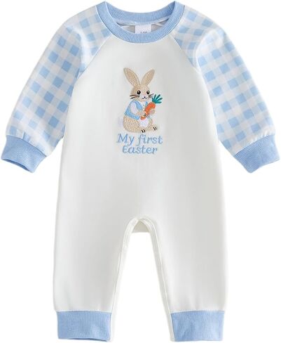 Dcohmch My First Easter Baby Boy Outfit Bunny Letter Embroidered Romper Long Sleeve Plaid Jumpsuit Newborn Infant Clothes in Kuwait