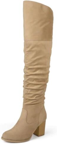 Journee Collection Women's Regular and Wide Calf Vegan Leather Ruched Kaison Zipper Over The Knee Block Heel Boots, 12 Medium, Extra Wide Calf Stone in Saudi Arabia