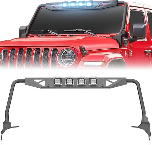 غطاء إطار الزجاج الأمامي لسيارة Wrangler JK Madmax Roof Sun Visor Body Armor مع 4 × مصابيح LED متوافقة مع 2007-2018 Jeep Wrangler JK JKU Unlimited، حامل واقي رف الزجاج الأمامي in Saudi Arabia