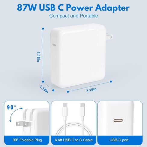 شاحن USB C سريع الشحن بقدرة 87 واط، بديل لمحول طاقة الكمبيوتر المحمول مقاس 13/14/15 بوصة لجهاز Mac Pro بعد عام 2016، لجهاز Mac Book Air بعد عام 2018، مزود سلك طاقة USB C إلى C in Kuwait