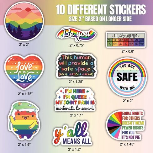 (10 قطع) ورقة ملصقات LGBTQ+ Pride لزجاجات المياه، ملصقات فينيل ديكورات Rainbow Pride، قوس قزح، ملصقات LGBTQ الرقيقة، مقاومة للماء، مقاس لطيف 2 بوصة in Kuwait