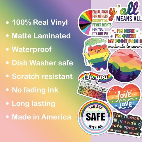 (10 قطع) ورقة ملصقات LGBTQ+ Pride لزجاجات المياه، ملصقات فينيل ديكورات Rainbow Pride، قوس قزح، ملصقات LGBTQ الرقيقة، مقاومة للماء، مقاس لطيف 2 بوصة in Kuwait