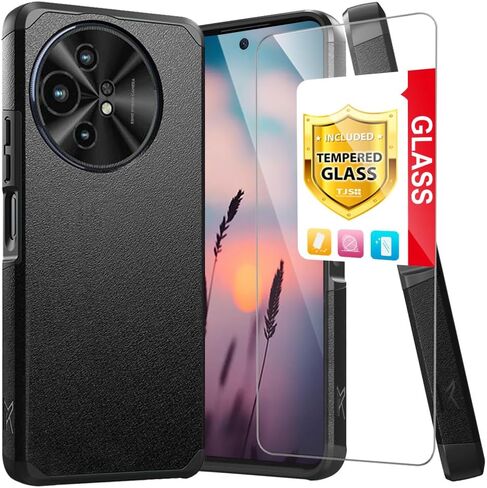 TJS متوافق مع حافظة TCL 50 XL 5G، حافظة TCL 50 XL NXTPAPER 5G، مع واقي شاشة من الزجاج المقسى، حافظة هاتف متينة هجينة مزدوجة الطبقات مقاومة للصدمات (أسود) in Kuwait