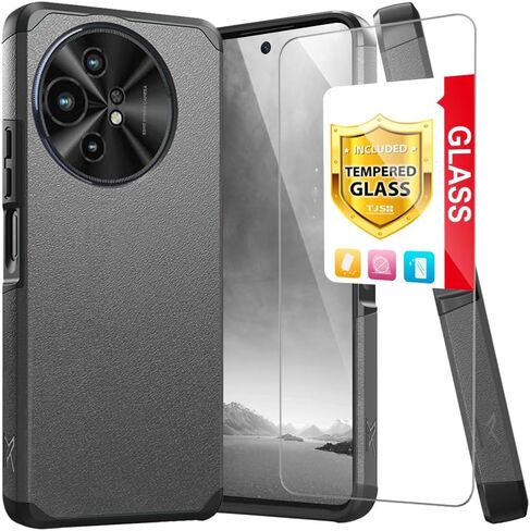 TJS متوافق مع حافظة TCL 50 XL 5G، حافظة TCL 50 XL NXTPAPER 5G، مع واقي شاشة من الزجاج المقسى، حافظة هاتف متينة هجينة مزدوجة الطبقات مقاومة للصدمات (أسود) in Kuwait