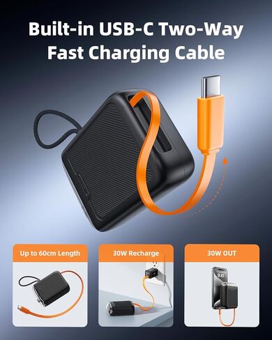 بنك طاقة للشحن ثنائي الاتجاه، كابلات مدمجة قابلة للسحب، شحن جهاز مزدوج، بنك طاقة للهاتف الأساسي للسفر، متوافق مع iPhone 17 Pro Max وSamsung وiPad (أسود) in Kuwait