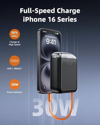 بنك طاقة للشحن ثنائي الاتجاه، كابلات مدمجة قابلة للسحب، شحن جهاز مزدوج، بنك طاقة للهاتف الأساسي للسفر، متوافق مع iPhone 17 Pro Max وSamsung وiPad (أسود) in Kuwait