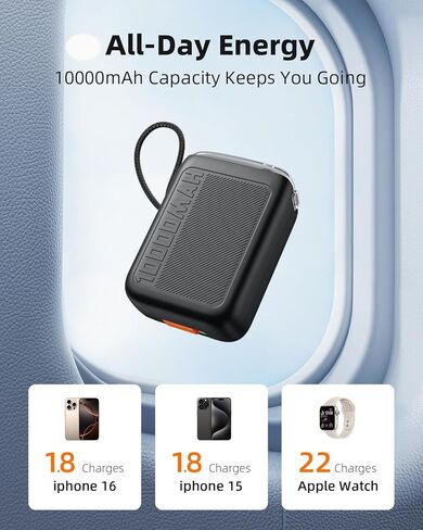 بنك طاقة للشحن ثنائي الاتجاه، كابلات مدمجة قابلة للسحب، شحن جهاز مزدوج، بنك طاقة للهاتف الأساسي للسفر، متوافق مع iPhone 17 Pro Max وSamsung وiPad (أسود) in Kuwait