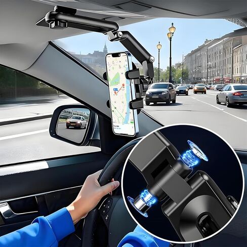 Car Sun Visor Phone Holder, 1080° Rotatable Rear View Mirror Cell Phone Mount with Extendable Arm, Adjustable Automotive Interior Smartphone Clip, Universal for Vehicles (Black) in Saudi Arabia