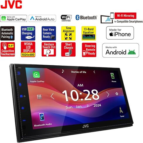 JVC KW-M690BW شاشة لمس 6.8 بوصة واي فاي بلوتوث USB/MP3 ستيريو الوسائط المتعددة استقبال رقمي مع راديو القمر الصناعي توصيل مجموعة موالف السيارة in Kuwait