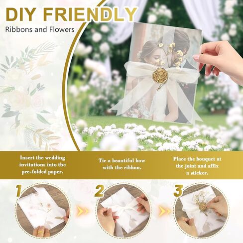 50 Sets Wedding Invitations Wraps Set Pre-Folded Vellum Jackets for 5x7 Invitations Self Adhesive Gold Wax Seal Stickers Dried Flowers Chiffon Silk Ribbon (Beige, 50 sets) in Saudi Arabia