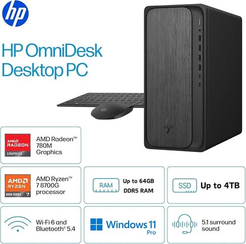 الكمبيوتر المكتبي HP OmniDesk M02 Business Next Gen AI PC، معالج AMD Ryzen 7-8700G (8 نواة، حتى 5.1 جيجا هرتز)، ذاكرة الوصول العشوائي DDR5 سعة 32 جيجابايت، SSD 1 تيرابايت، USB-C، Wi-Fi 6، دعم شاشة HDMI + DP المزدوجة، Windows 11 in Kuwait