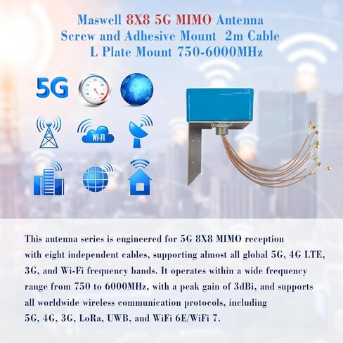 Maswell® 8X8 5G MIMO Antenna Outdoor, Entry-Level 3dBi, Screw and Adhesive Mount 2.2m Cable, 750-6000MHz Global 5G 4G LTE 3G Lora UWB and WiFi 7, NOT for Boosting in Saudi Arabia