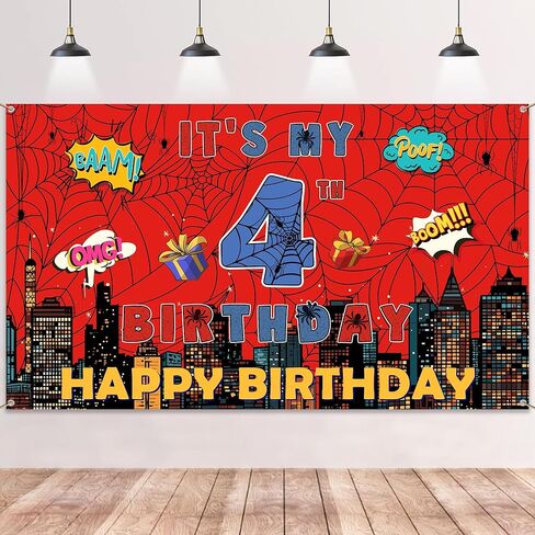 Spider Web 4th Birthday Banner - Red Webs Large Happy Birthday Backdrop Decorations(71×43 Inch), Red Blue Photo Booth Photography Background Supplies for Kids Boys 4 Year Old in Saudi Arabia