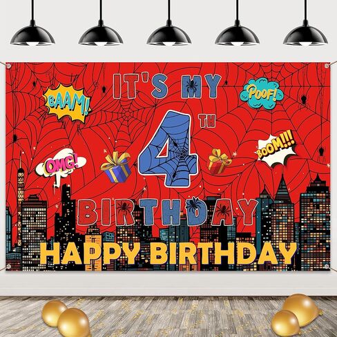 Spider Web 4th Birthday Banner - Red Webs Large Happy Birthday Backdrop Decorations(71×43 Inch), Red Blue Photo Booth Photography Background Supplies for Kids Boys 4 Year Old in Saudi Arabia