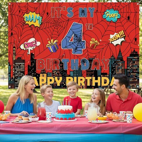 Spider Web 4th Birthday Banner - Red Webs Large Happy Birthday Backdrop Decorations(71×43 Inch), Red Blue Photo Booth Photography Background Supplies for Kids Boys 4 Year Old in Saudi Arabia