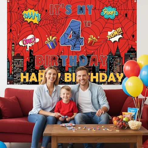 Spider Web 4th Birthday Banner - Red Webs Large Happy Birthday Backdrop Decorations(71×43 Inch), Red Blue Photo Booth Photography Background Supplies for Kids Boys 4 Year Old in Saudi Arabia
