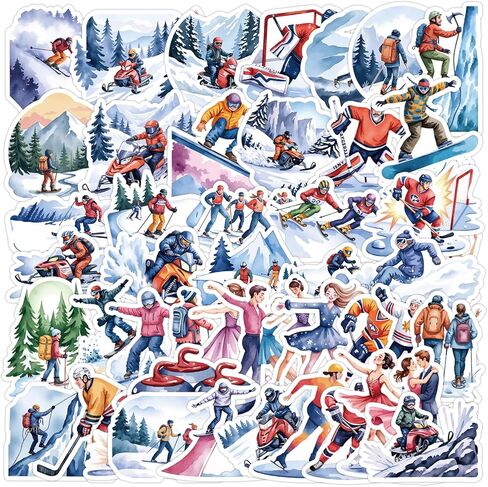 Winter Sports Stickers - 50 Pcs Waterproof Vinyl Decals, Multi-Color Ski & Snowboard Theme, 1.58-3.15 Inch for Water Bottle, Laptop, Helmet, Suitcase, Skateboard in Saudi Arabia