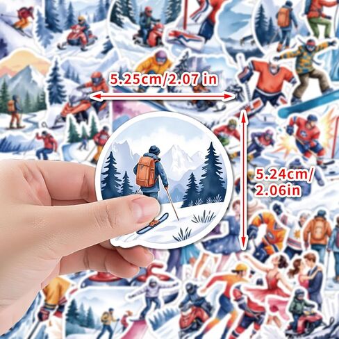 Winter Sports Stickers - 50 Pcs Waterproof Vinyl Decals, Multi-Color Ski & Snowboard Theme, 1.58-3.15 Inch for Water Bottle, Laptop, Helmet, Suitcase, Skateboard in Saudi Arabia