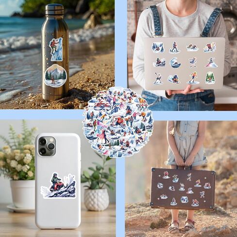Winter Sports Stickers - 50 Pcs Waterproof Vinyl Decals, Multi-Color Ski & Snowboard Theme, 1.58-3.15 Inch for Water Bottle, Laptop, Helmet, Suitcase, Skateboard in Saudi Arabia