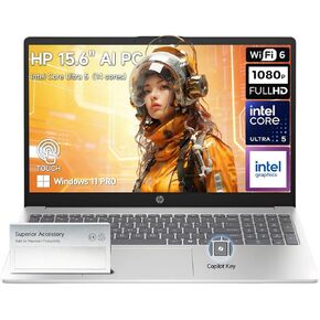 كمبيوتر محمول HP 15 بشاشة تعمل باللمس، Intel Core Ultra 5 (14-Core، Beat i7-1355U)، 15.6 FHD IPS شاشة تعمل باللمس كمبيوتر محمول للأعمال AI PC، 32 جيجابايت DDR5 RAM 2 تيرابايت SSD Windows 11 Pro، USB-C (DisplayPort)، HDMI، 10 مفاتيح in Kuwait