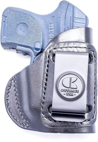 OUTBAGS USA LS4LCPX (أسود-يمين) حافظة مسدس IWB من الجلد الثقيل المحبب بالكامل لـ Ruger LCP 380 مع ليزر قرمزي. مصنوع يدويًا في الولايات المتحدة الأمريكية. in Kuwait