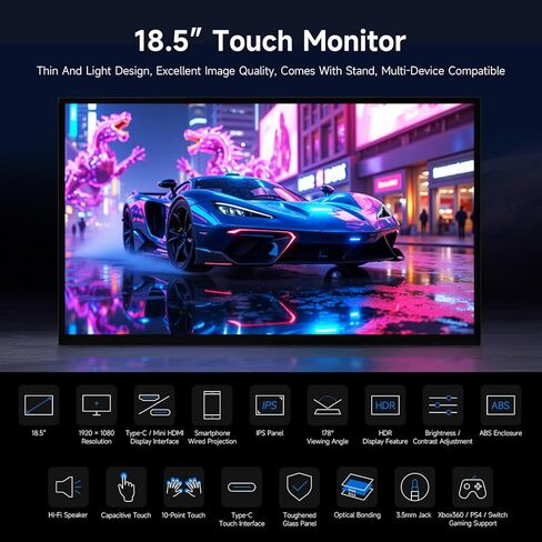 Waveshare Luckfox 18.5inch Touch Monitor with Stand, Compatible with Raspberry Pi/Jetson Nano and PC, 1920 × 1080, 120Hz Refresh Rate, Mini HDMI/Type-C Display Ports, IPS Screen, 10-Point Touch in Saudi Arabia